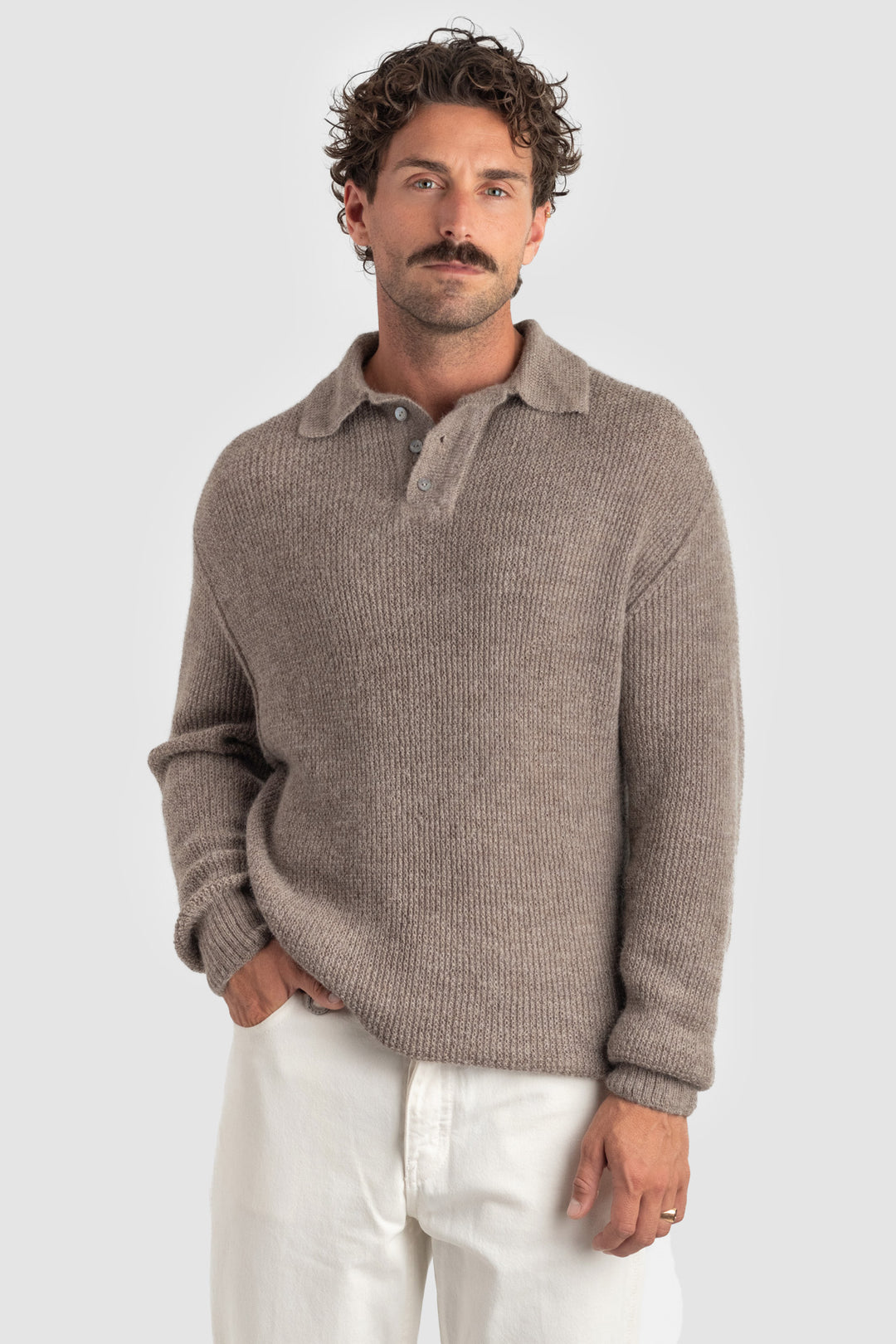 Man wearing a brown knitted sweater with a collar on a white background #colour_fawn